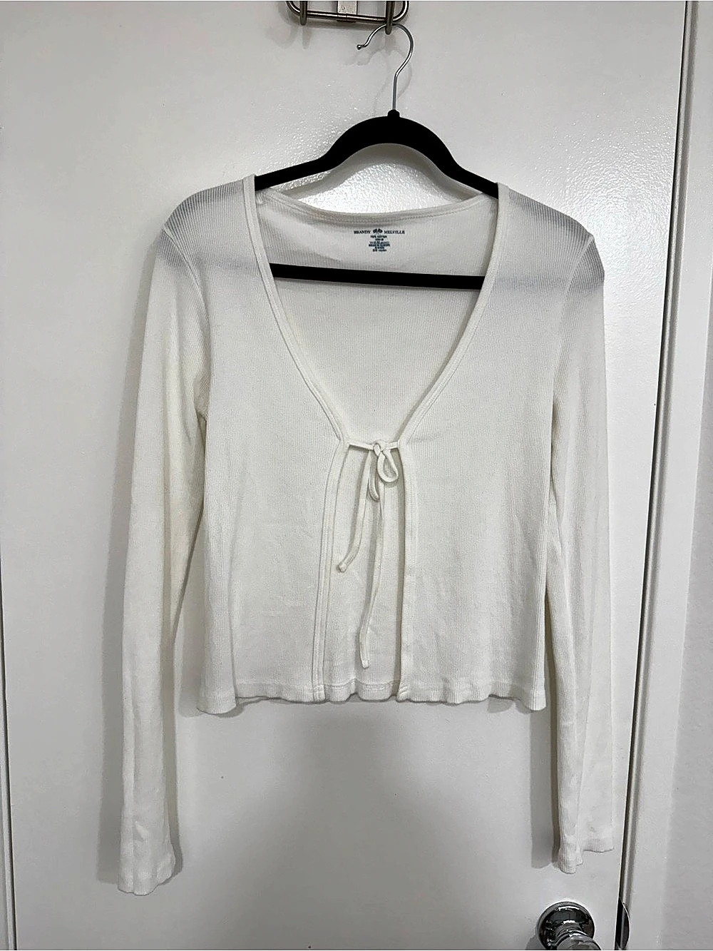 Brandy Melville Long Sleeve Tie Front Top in White